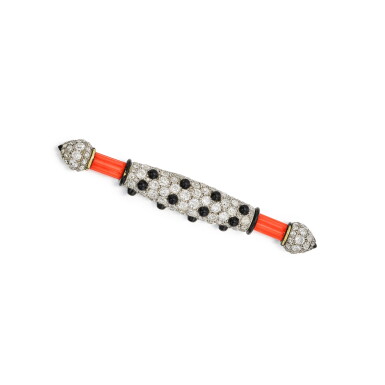 View full screen - View 1 of Lot 194. Cartier | Coral, Onyx, Enamel and Diamond Brooch, France 卡地亞 珊瑚配縞瑪瑙、琺瑯及鑽石別針,法國.