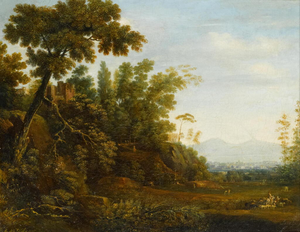 View full screen - View 1 of Lot 64. SIMON-MATHURIN LANTARA | A landscape with a farmer and his herd and ruins on a hill, with a distant view of Naples and Mount Vesuvius beyond.