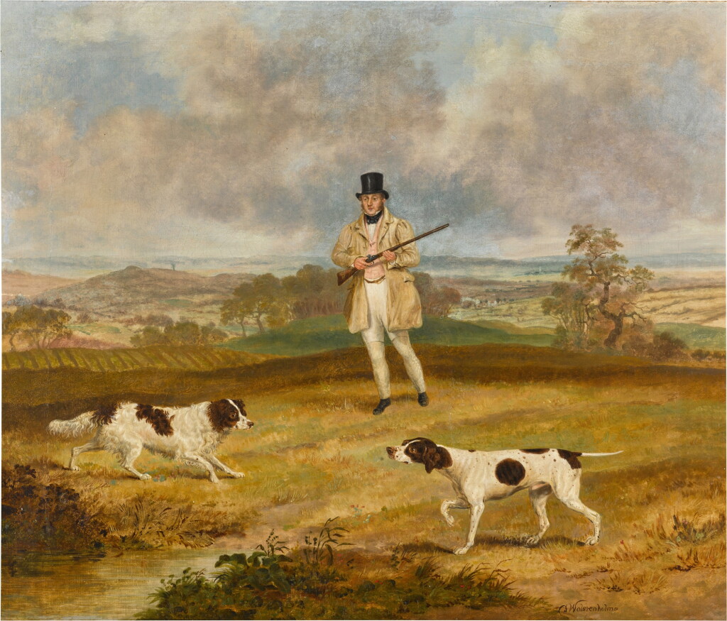View full screen - View 1 of Lot 141. A sportsman with his two dogs, Bruno and Rover, a springer spaniel and a pointer.