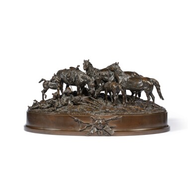 View full screen - View 1 of Lot 362. A Kirghiz Herd at Rest: A large bronze figural group, after a model by Evgeny Lanceray, circa 1880.