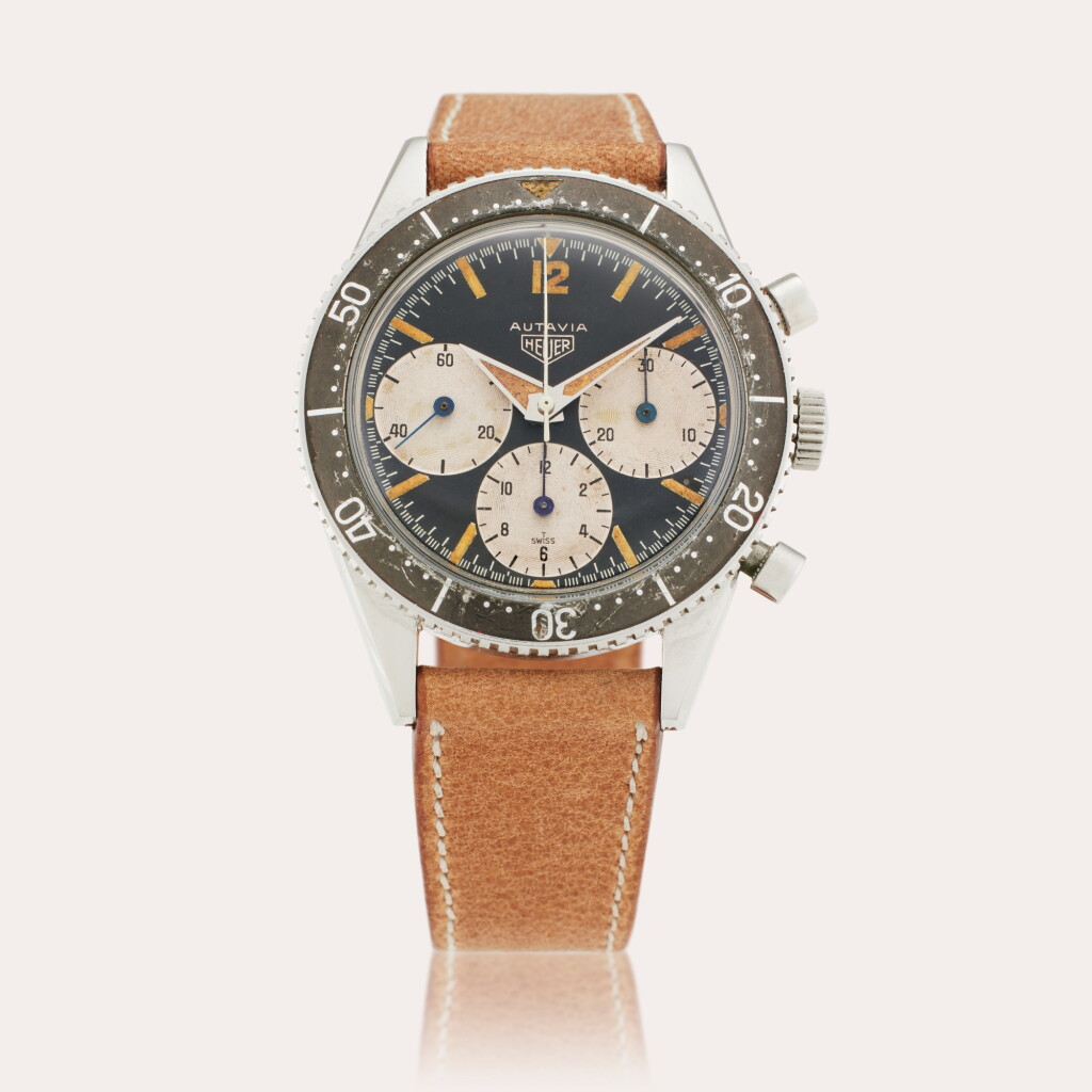View full screen - View 1 of Lot 102. Reference 2446 Autavia ‘Big Sub’ | A triple register stainless steel chronograph wristwatch with oversized sub-registers, Circa 1963.