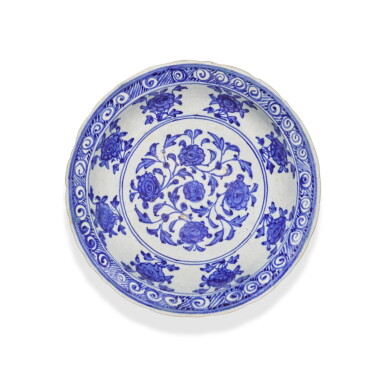 View full screen - View 1 of Lot 139. A Timurid blue and white dish, Persia, probably Tabriz, 15th century.