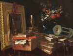 A vanitas still life with a mirror, a candle, an hourglass, books, flowers in a vase and a case, all on a draped table