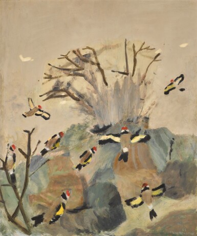 View full screen - View 1 of Lot 253. Goldfinches Flying To A Lit Bush .