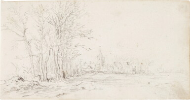 View full screen - View 1 of Lot 218. JAN JOSEFSZ. VAN GOYEN | VIEW ALONG A ROAD TOWARDS A VILLAGE, WITH TREES TO THE LEFT.