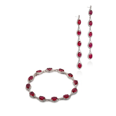 View full screen - View 1 of Lot 237. Ruby and Diamond Demi-Parure | 紅寶石 配 鑽石 手鏈 及 耳墜套裝.