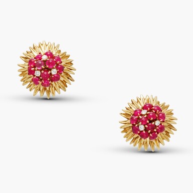 View full screen - View 1 of Lot 402. Pair of Gold, Ruby and Diamond Earclips .