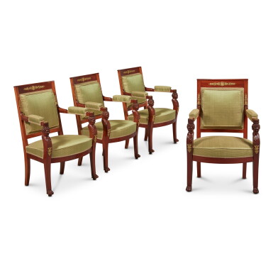 View full screen - View 1 of Lot 573. A Set of Four Empire Gilt-Bronze Mounted Mahogany Fauteuils, Circa 1805.