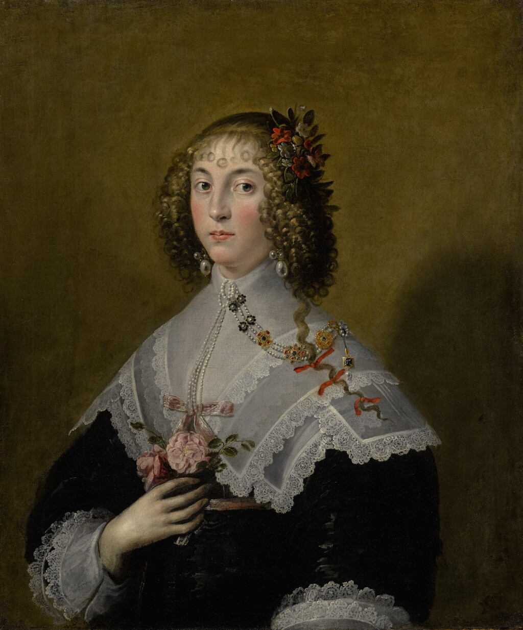 View full screen - View 1 of Lot 250. EDWARD BOWER | PORTRAIT OF A LADY, HALF-LENGTH, WEARING A BLACK DRESS WITH BROAD LACE COLLAR, PEARLS, HAIR RIBBONS, AND HOLDING A BOUQUET OF ROSES.