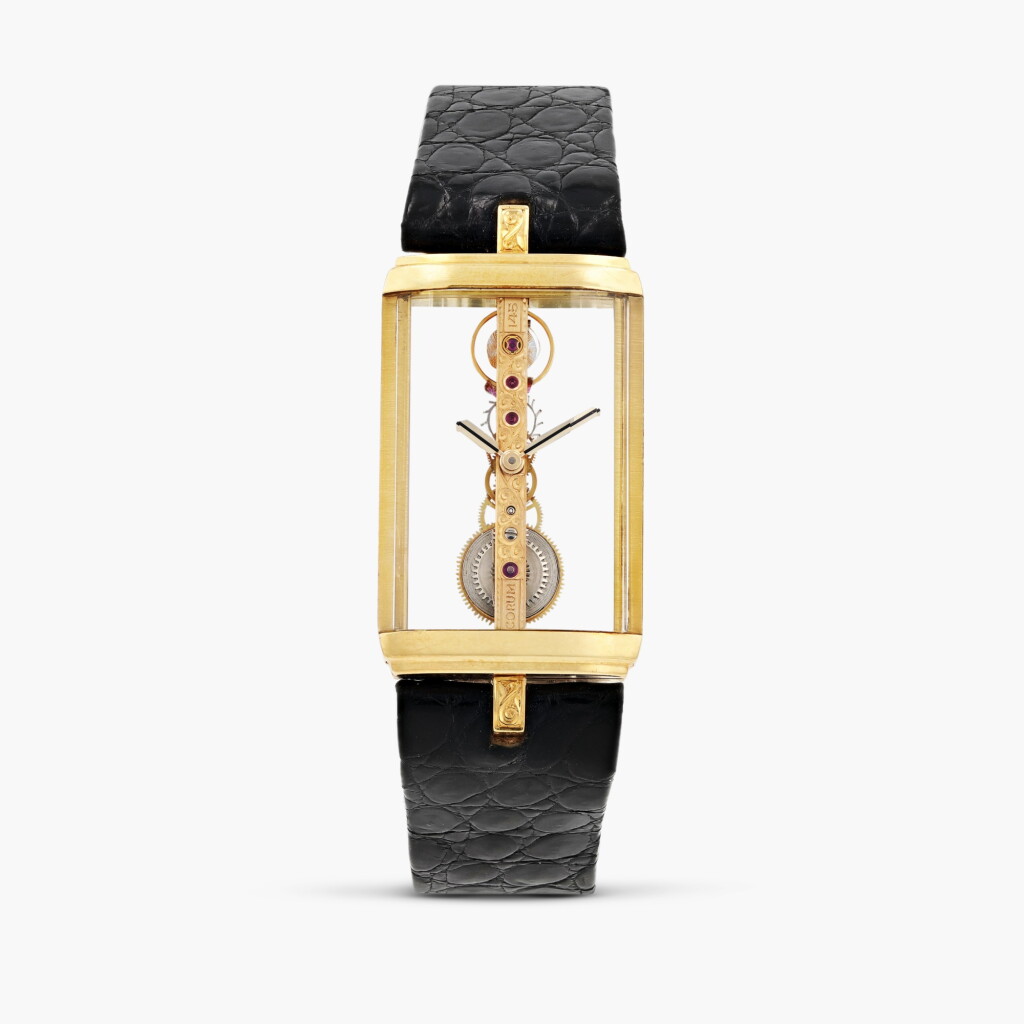View full screen - View 1 of Lot 436. Golden Bridge, reference 13.150, skeletonised yellow gold wristwatch, circa 1980.