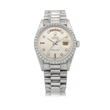 View full screen - View 1 of Lot 259. ROLEX | DAY-DATE, REF 1804 WHITE GOLD AND DIAMOND-SET WRISTWATCH WITH DAY, DATE AND BRACELET CIRCA 1979.