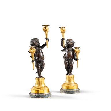 View full screen - View 1 of Lot 25. A pair of Louis XVI gilt and patinated bronze "angels" two-light candelabra, circa 1780, attributed to Antoine-André Ravrio.
