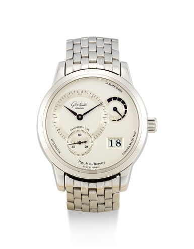 View full screen - View 1 of Lot 8202. GLASHÜTTE | PANOMATIC RESERVE, A STAINLESS STEEL WRISTWATCH WITH POWER RESERVE INDICATION, DATE AND BRACELET, CIRCA 2017.