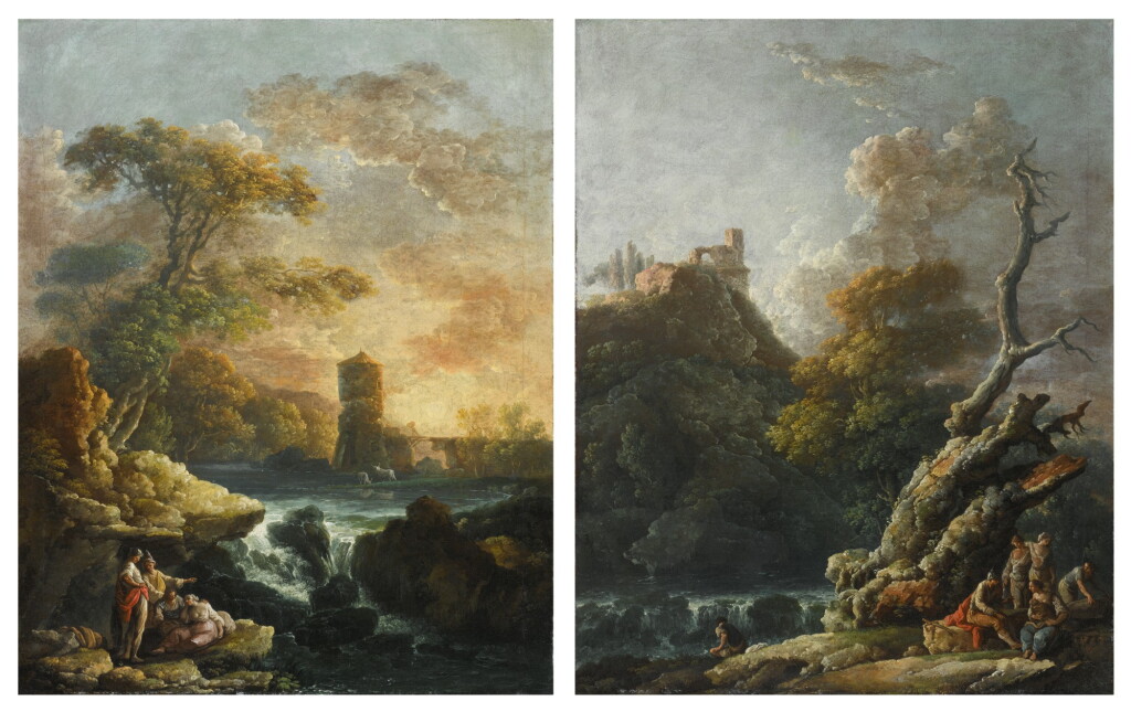 View full screen - View 1 of Lot 103. CARLO BONAVIA | TWO ARCADIAN RIVER LANDSCAPES WITH WATERFALLS AND FIGURES IN THE FOREGROUND.