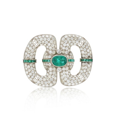 View full screen - View 1 of Lot 909. Emerald and diamond brooch, circa 1930.