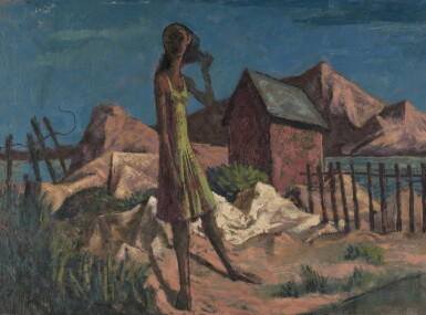 View full screen - View 1 of Lot 529. Girl, Cabin, Fence, Mountains.