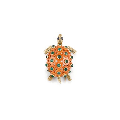 View full screen - View 1 of Lot 119. BROCHE CORAIL ET PIERRES DE COULEUR, CARTIER, VERS 1950 | GEM SET AND CORAL BROOCH, CARTIER, 1950S.