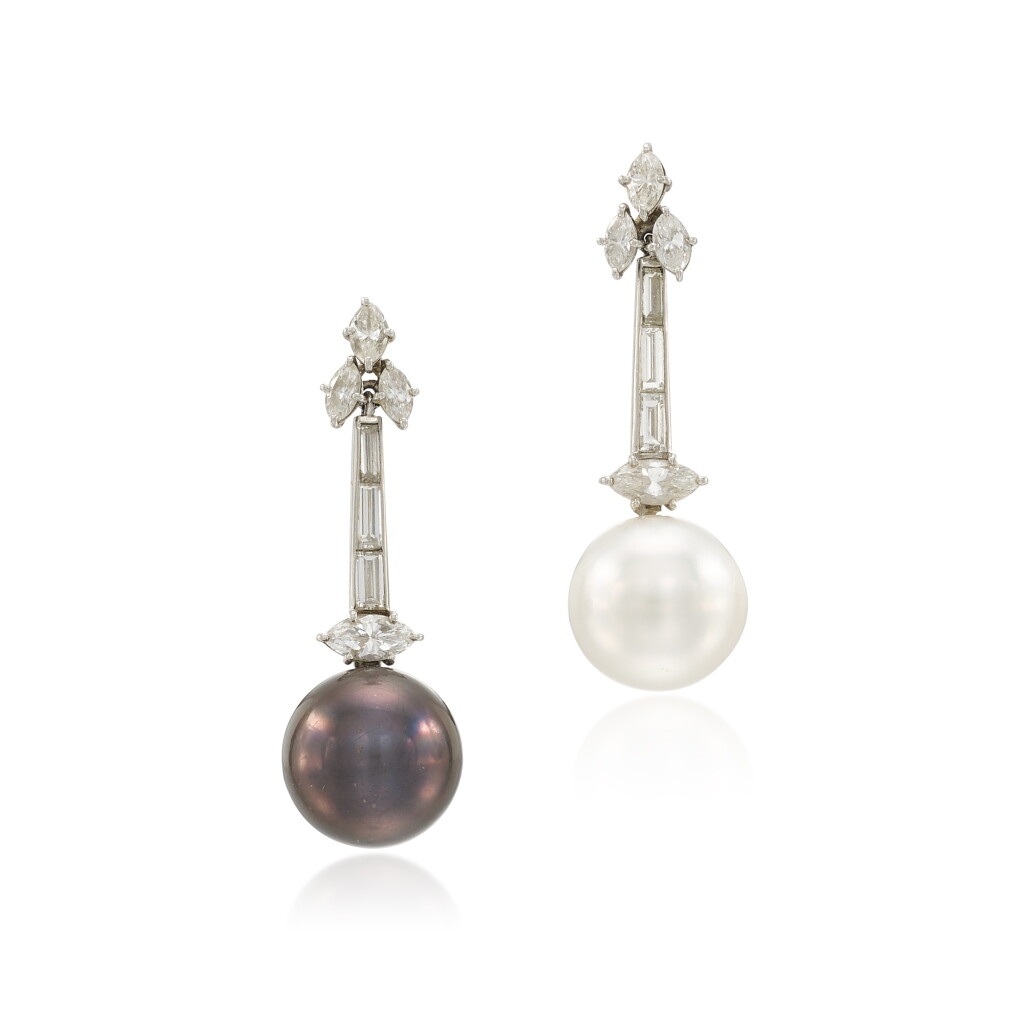 View full screen - View 1 of Lot 187. Cultured Pearl and Diamond Earrings .