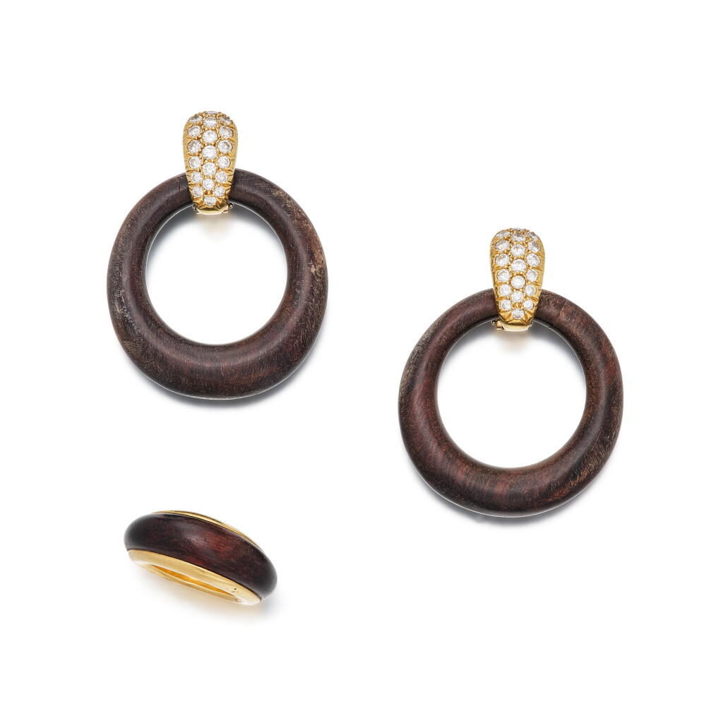 View full screen - View 1 of Lot 312. Pair of Gold, Wood and Diamond Earclips and Wood and Gold Ring.