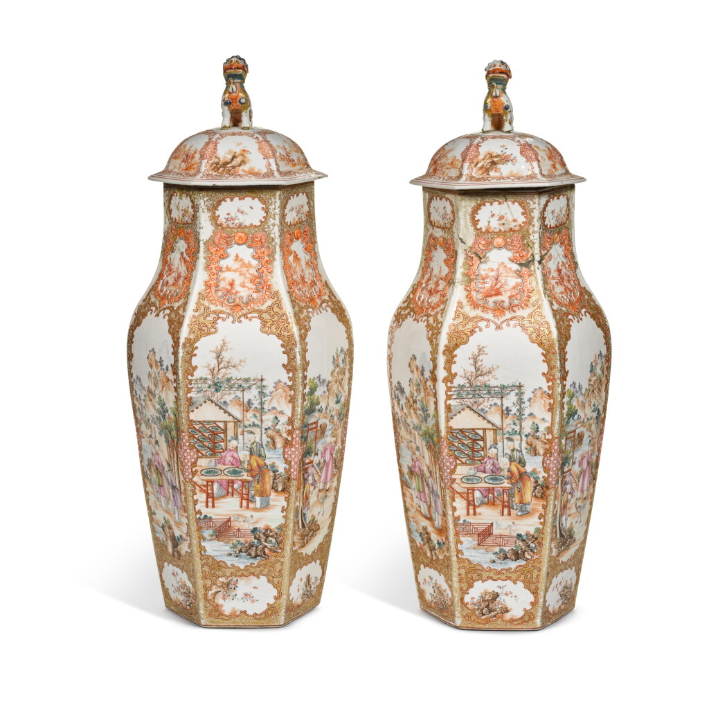 View full screen - View 1 of Lot 943. A pair of export 'documentary' vases and covers, Qing dynasty, Qianlong period.