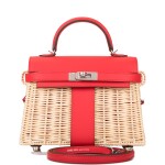Hermès Rouge De Coeur Mini Kelly Picnic Bag of Osier Wicker and Swift Leather