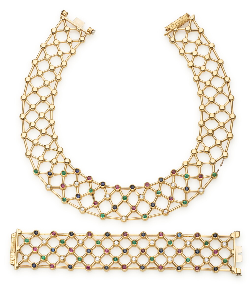 View full screen - View 1 of Lot 117. RUBY, EMERALD, SAPPHIRE AND DIAMOND NECKLACE AND BRACELET (COLLANA E BRACCIALE IN RUBINI, SMERALDI, ZAFFIRI E DIAMANTI), VALENTINO.