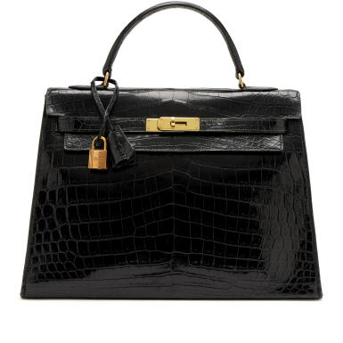 View full screen - View 1 of Lot 174. Vintage Black Shiny Crocodile Kelly 32 Sellier Gold Hardware, 1970s.