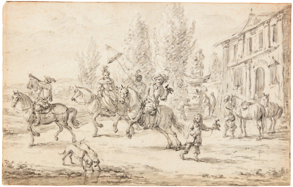 View full screen - View 1 of Lot 92. BARENT GAEL | AN ELEGANT HAWKING PARTY SETTING OFF FROM A COUNTRY HOUSE.