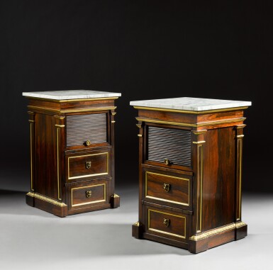View full screen - View 1 of Lot 29. A Royal pair of George IV gilt-lacquered-bronze and parcel-gilt rosewood bedside cupboards , supplied to George IV for Windsor Castle by Morel & Seddon in 1828.