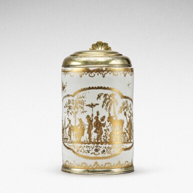View full screen - View 1 of Lot 9. A Meissen Hausmaler tankard, with silver-gilt mounts, the porcelain Circa 1720-25, the decoration slightly later, the mounts Elias Adam, Augsburg, 1721-25.