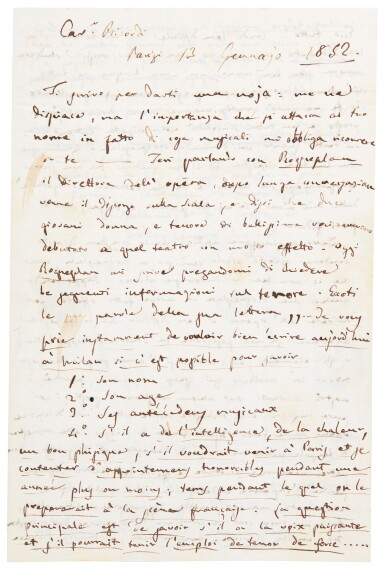 View full screen - View 1 of Lot 99. G. Verdi. Unpublished autograph letter to Giovanni Ricordi, about performances of his operas in Paris, 1852.