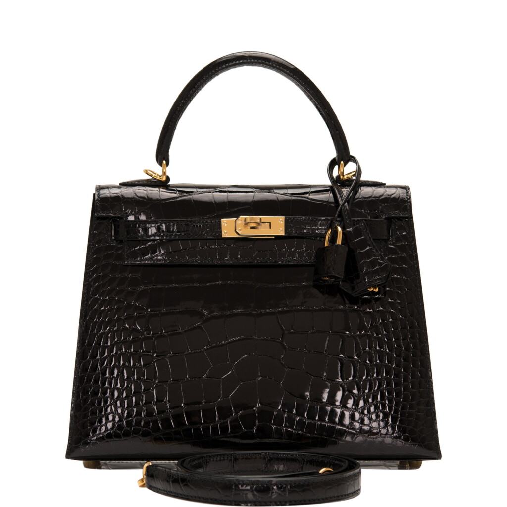 View full screen - View 1 of Lot 115. Black Shiny Alligator Sellier Kelly 25 Gold Hardware, 2018.
