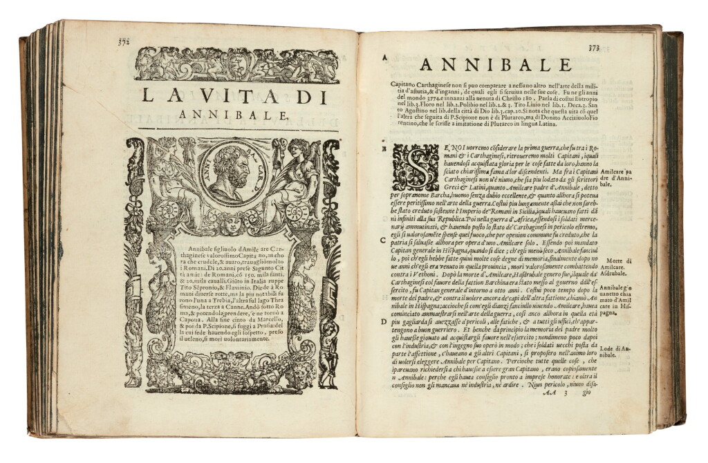 View full screen - View 1 of Lot 209. Plutarch, Vite de gli huomini illustri Greci et Romani, Venice, 1587, 2 volumes, vellum.