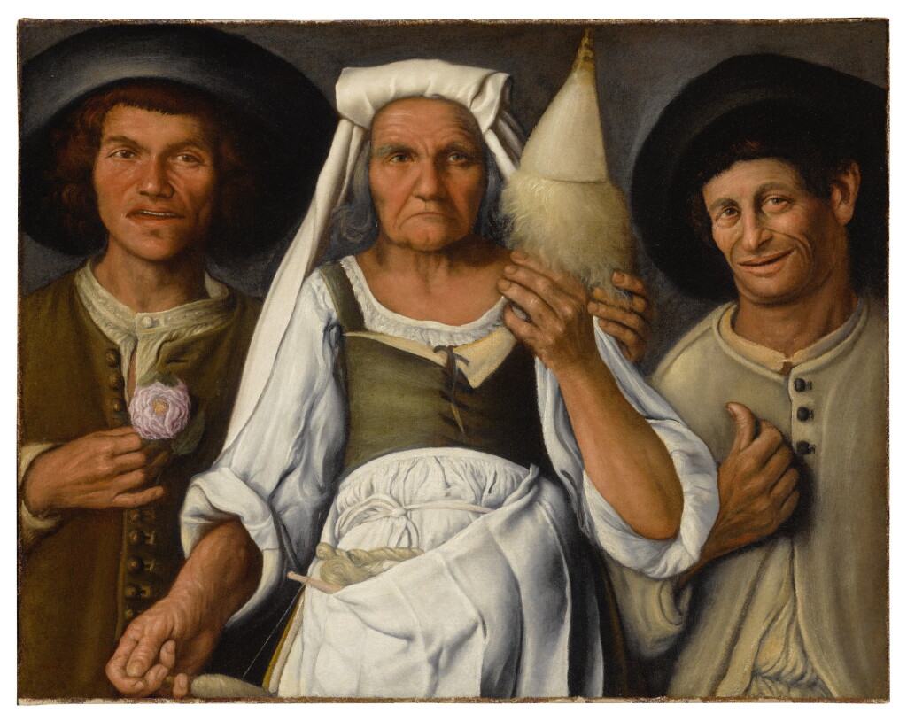 View full screen - View 1 of Lot 30. Sold Without Reserve | ATTRIBUTED TO VINCENZO CAMPI | AN OLD PEASANT WOMAN WITH A DISTAFF AND SPINDLE FLANKED BY TWO MALE PEASANTS.