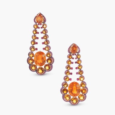 View full screen - View 1 of Lot 575. Pair of Spessartite Garnet, Citrine and Ruby 'Temptations' Pendent Earrings 蕭邦 石榴石 配 黃水晶 及 紅寶石 'Temptations' 耳墜一對.
