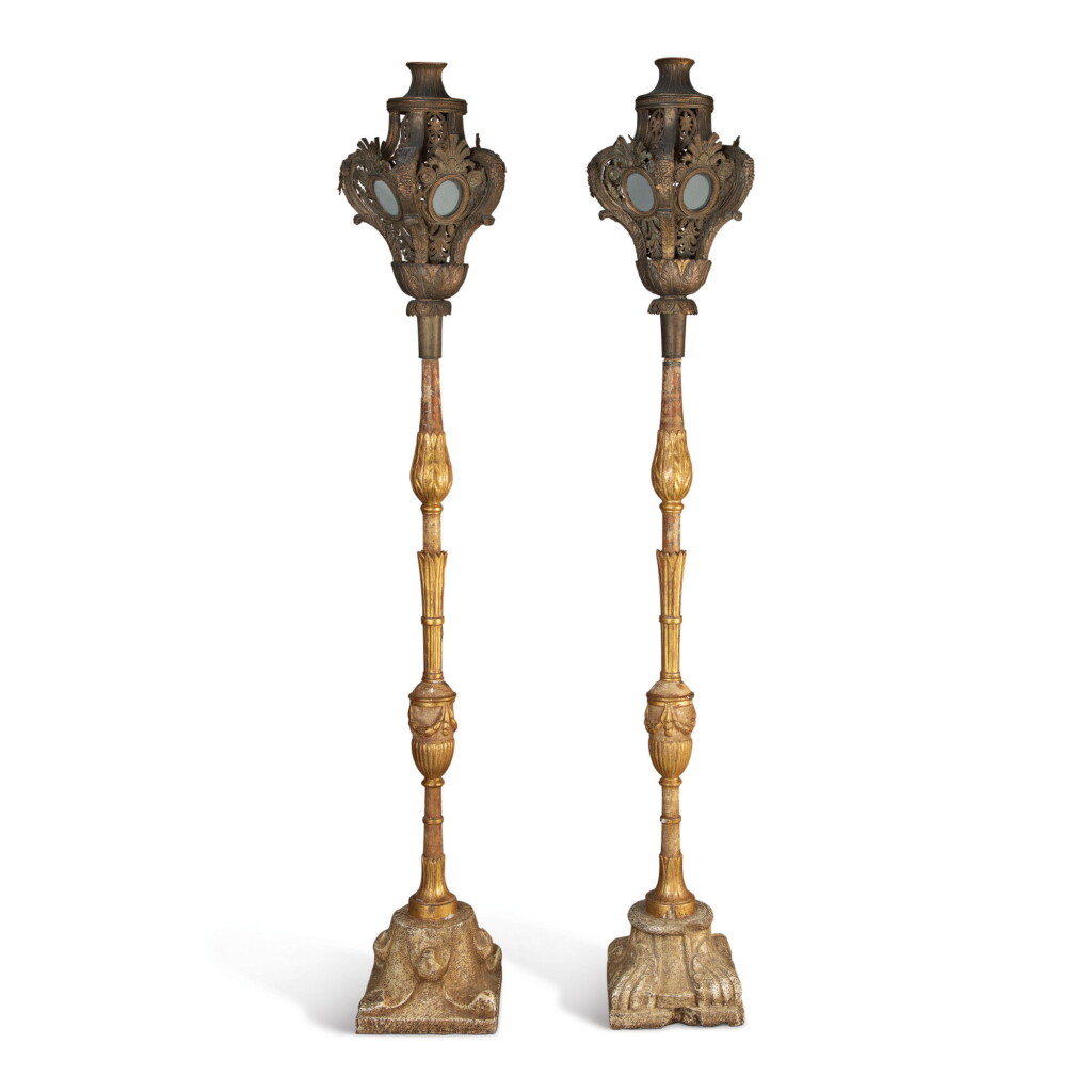 View full screen - View 1 of Lot 750. A PAIR OF VENETIAN GILT METAL HALL LANTERNS, 19TH CENTURY, INCORPORATING OLDER ELEMENTS.