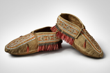 View full screen - View 1 of Lot 774. Pair of Quilled Hide Moccasins, Eastern Great Lakes.