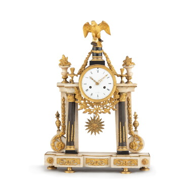 View full screen - View 1 of Lot 80. A black and white marble and gilt bronze portico clock, Louis XVI, circa 1780 | Pendule portique en marbre blanc et noir à monture en bronze doré, Louis XVI, vers 1780.