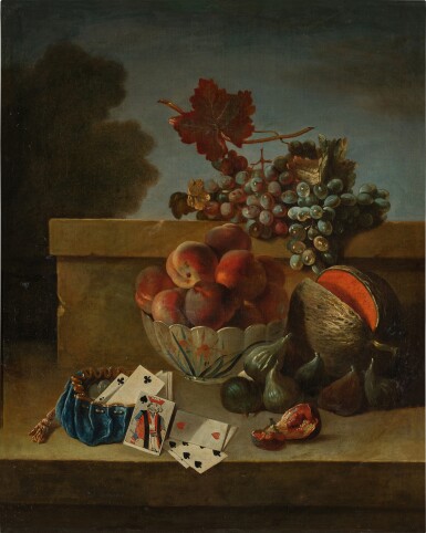 View full screen - View 1 of Lot 16. Still Life of Peaches in a Porcelain Bowl, Together with Grapes, Figs, a Melon, and a Purse with Coins and Playing Cards, all upon a Stone Ledge.