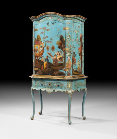 View full screen - View 1 of Lot 70. A Piemontese lacquer cabinet on stand, mid 18th century | Cabinet en vernis européen, Piémont, milieu du XVIIIème siècle.