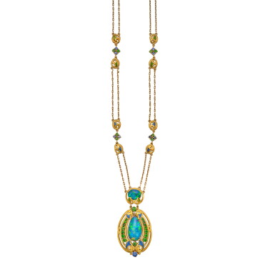 View full screen - View 1 of Lot 145. Gold, Black Opal, Demantoid Garnet, Sapphire and Enamel Necklace | 路易·康福特·蒂芙尼為蒂芙尼設計 | 黃金、黑色蛋白石、翠榴石、藍寶石及琺瑯項鏈.