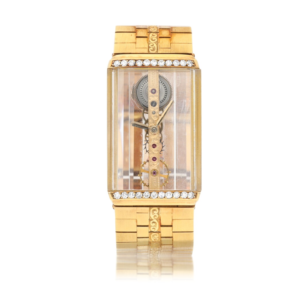 View full screen - View 1 of Lot 9361. Corum | Golden Bridge, A yellow gold skeletonised bracelet watch, Circa 1980 | 昆侖 | Golden Bridge 黃金鏤空鏈帶腕錶,約1980年製.