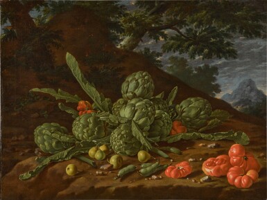 View full screen - View 1 of Lot 338. Still Life of Artichokes and Tomatoes in a Landscape.