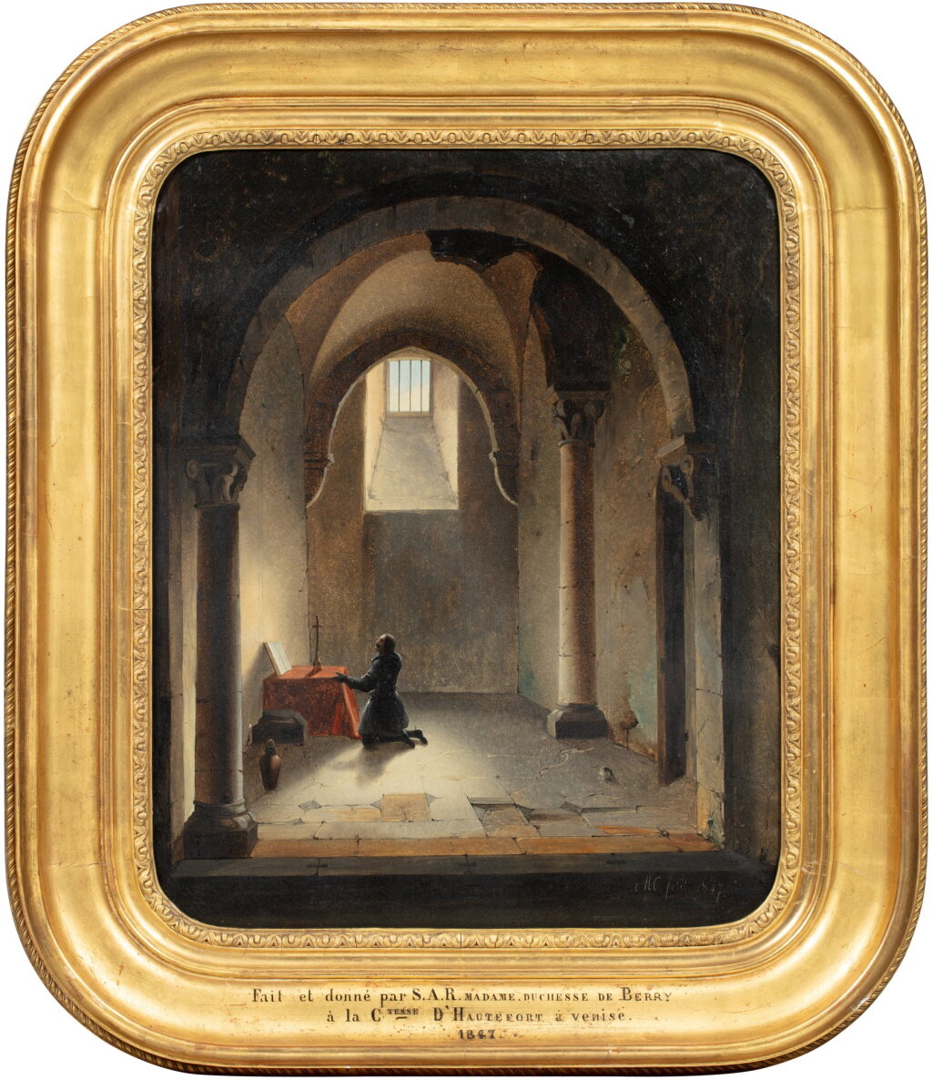 View full screen - View 1 of Lot 621. A knight praying in a chapel | Chevalier priant dans une chapelle.