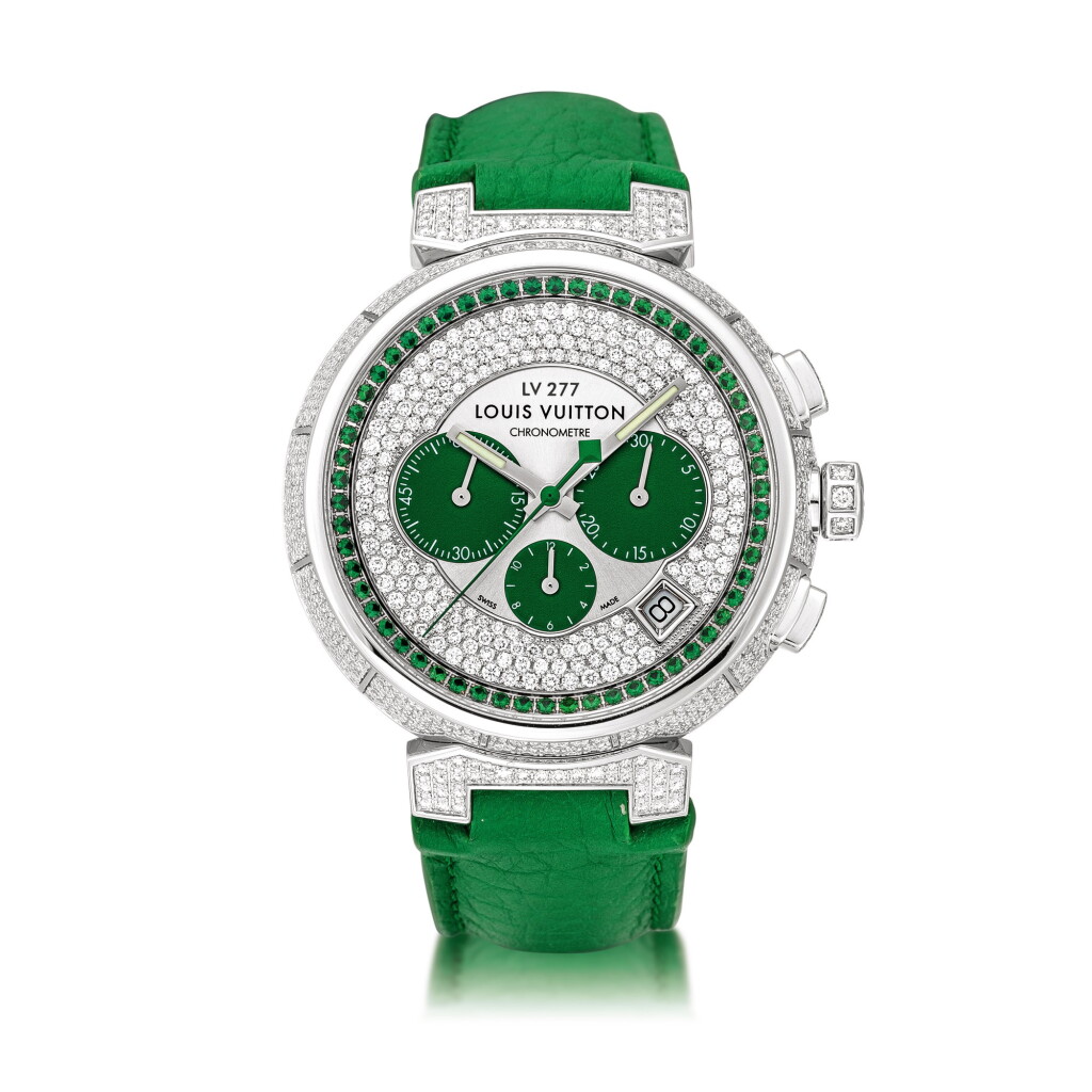 View full screen - View 1 of Lot 2044. Louis Vuitton | Tambour, Reference Q1E90, A brand new limited edition white gold, diamond and green sapphire-set chronograph wristwatch with date, Circa 2019 | 路易威登 | Tambour 型號Q1E90 全新限量版白金鑲鑽石及綠色寶石計時腕錶,備日期顯示,約2019年製.