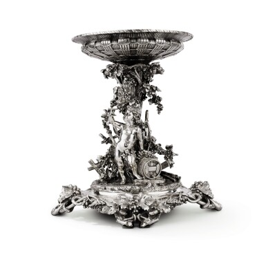 View full screen - View 1 of Lot 23. A SILVER-PLATED BRONZE PUTTO HARVESTER CENTERPIECE, CHRISTOFLE, PARIS, 1864-1865, THE LINER 1862-1863 | CENTRE DE TABLE EN BRONZE ARGENTÉ À DÉCOR DE PUTTO VENDANGEUR PAR CHRISTOFLE, PARIS, 1864-1865, LA DOUBLURE 1862-1863.