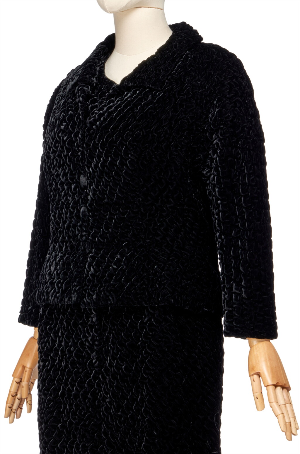 View full screen - View 1 of Lot 78. Haute Couture Quilted Black Silk Velvet Ensemble, Autumn-Winter 1964-65.