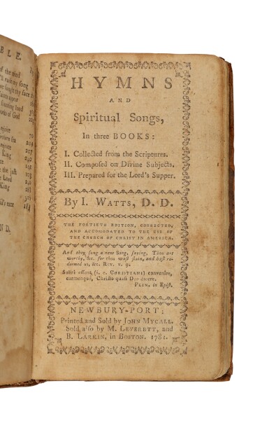 View full screen - View 1 of Lot 112. Watts, Isaac | The John Mycall, Newburyport edition of Watts' Psalms .