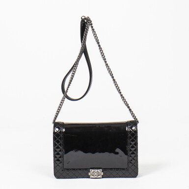 View full screen - View 1 of Lot 3. CHANEL | BLACK PATENT QUILTED LEATHER BOY REVERSO WALLET ON CHAIN WITH BRUSHED PALLADIUM HARDWARE.