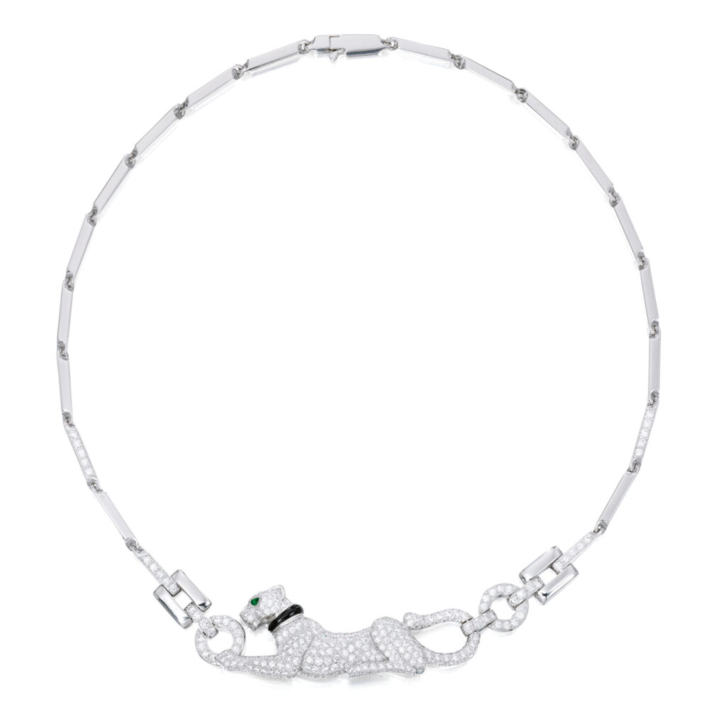 View full screen - View 1 of Lot 431. DIAMOND, ONYX AND EMERALD 'DAME À LA PANTHÈRE' NECKLACE, CARTIER, FRANCE | 鑽石配縞瑪瑙及祖母綠「Dame à la Panthère」項鏈,卡地亞.